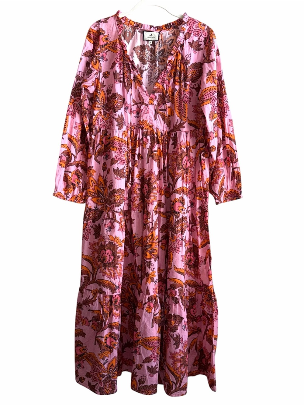 Tuckernuck Pink Paisley Midi Dress with Orange and Brown Accents